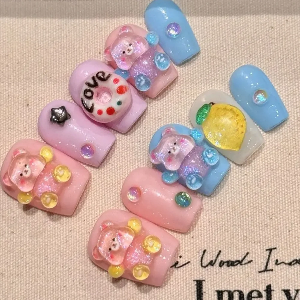 

Handmade Press on Nails Cartoon Candy Bear Colorful Fake Nails for Women Girl Wearable Cute Sweet Korean Short False Nails