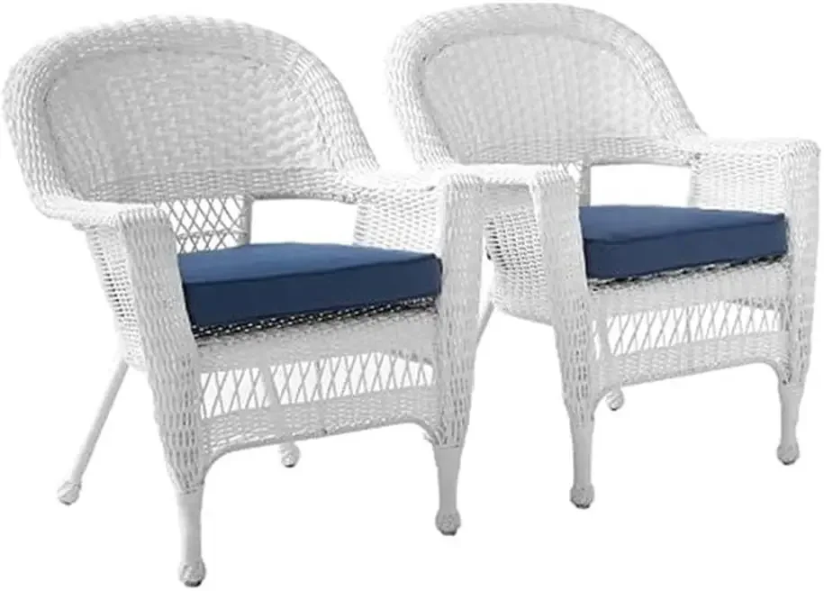 Wicker Chair with Blue Cushion, Set of 2, White/W00206-