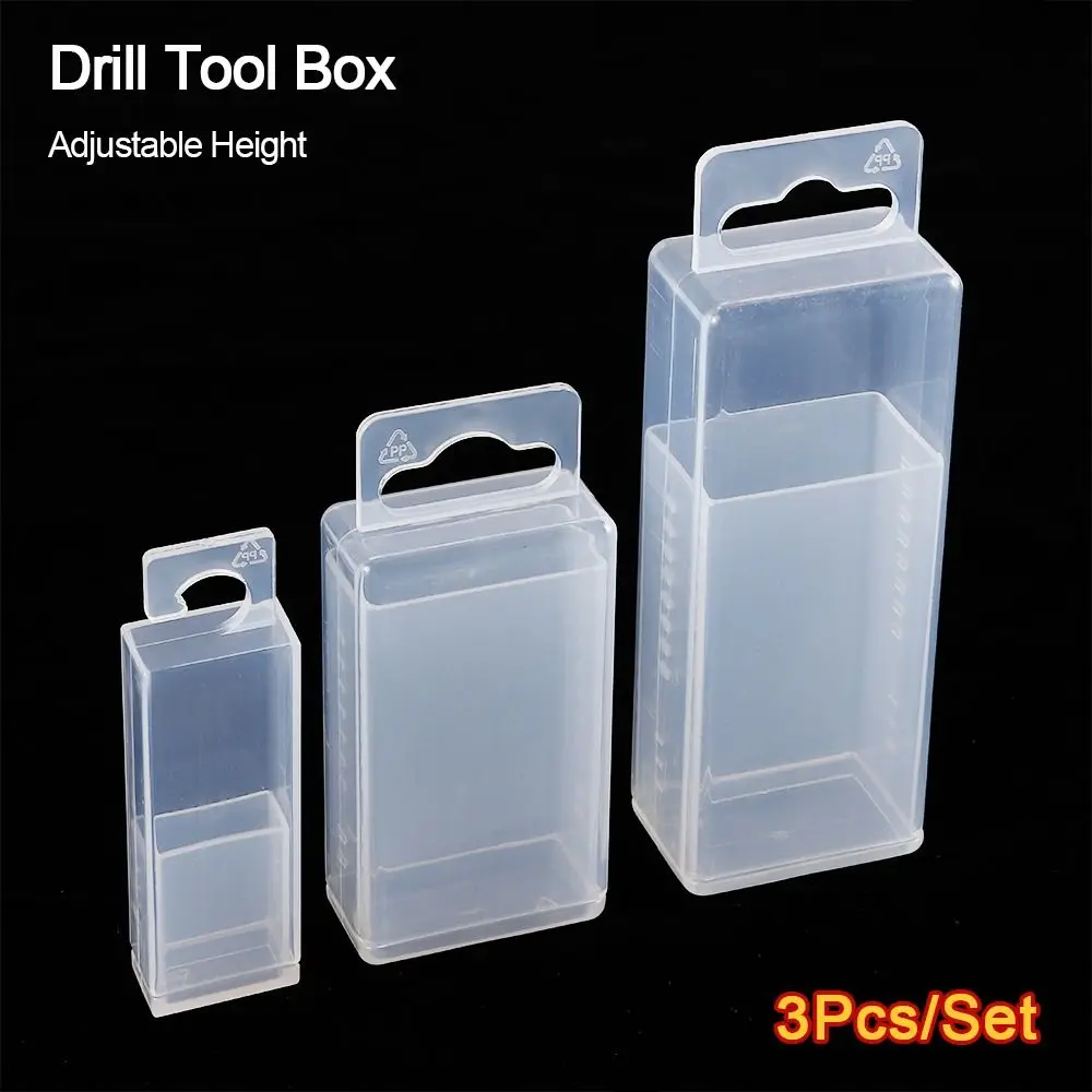3Pcs/Set Adjustable Height Drill Tool Box Plastic Clear Twist Drill Boxes Rectangular Telescoplc Parts Storage Case