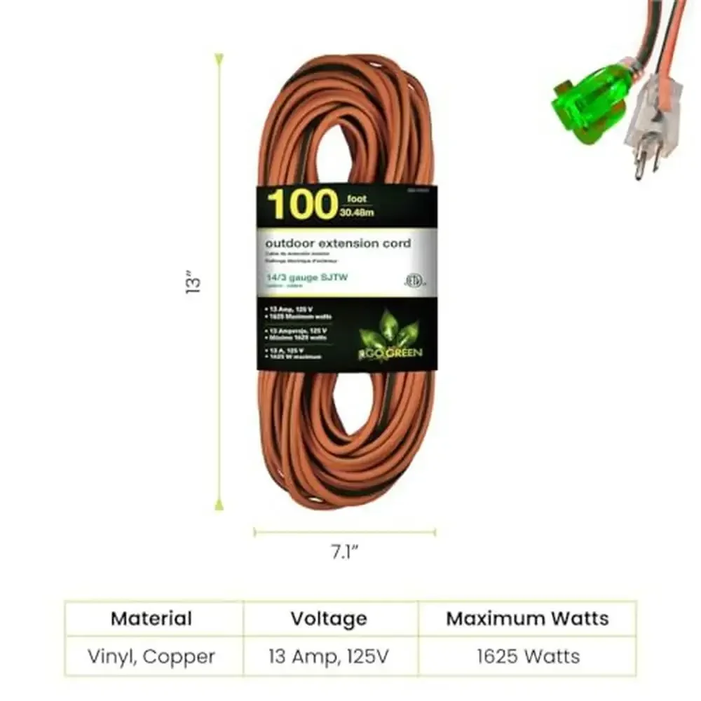 

Outdoor Heavy Duty 100ft Extension Cord with Lighted End Contractor Grade SJTW 14/3 Moisture Resistant Durable Recommended Tools