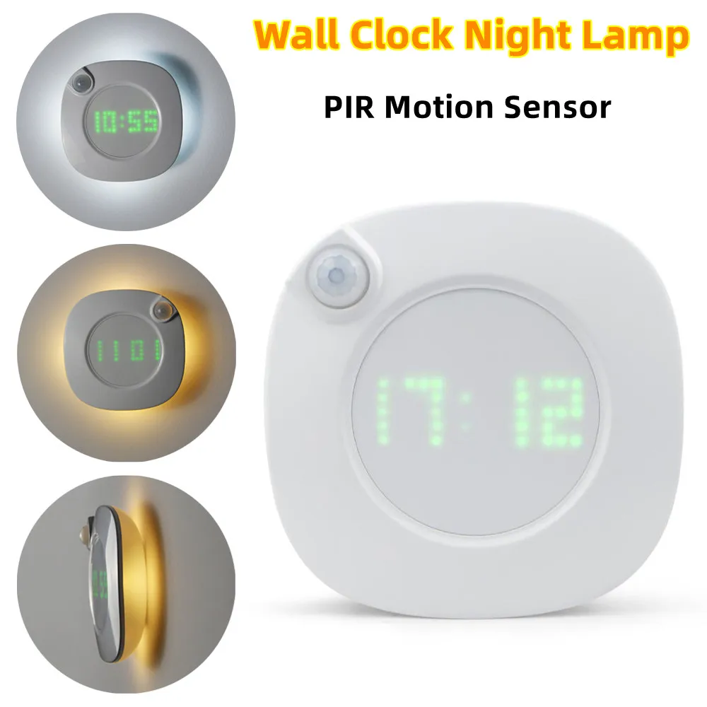 Modern Design LED Wall Clock Night Light with Motion Sensor RIP 360 Degrees Bathroom Wall Clock USB Rechargeable/Battery Power