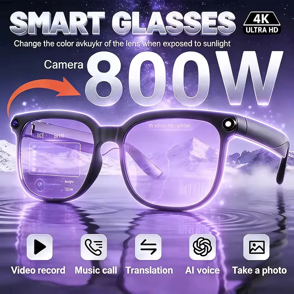 4K HD AI Camera Glasses 800MP Photochromic Multifunctional Smart Glasses Bluetooth Calling Photo Video ChatGPT Music Translation