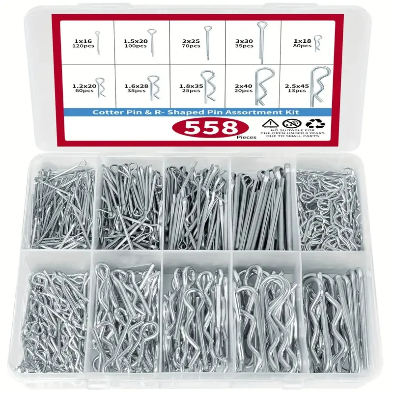 Kit de sortimento de pino de passo de 558 peças, pinos de aço galvanizado, ganchos de grampo de cabelo, kit de sortimento de acessórios de fixação, conjunto de prendedor de grampo de cabelo de vários tamanhos, adequado para uso doméstico ou em carro