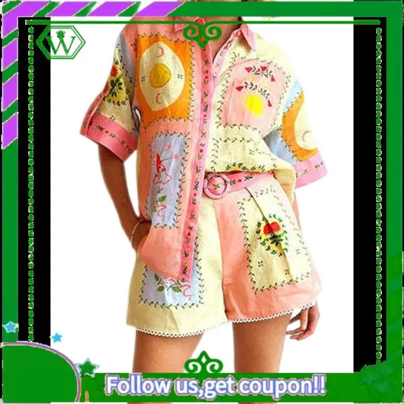 

A18P-2 Piece Short Set For Women Casual Short Sleeve Collar Button Shirts Elastic Waist Shorts With Belt Sets