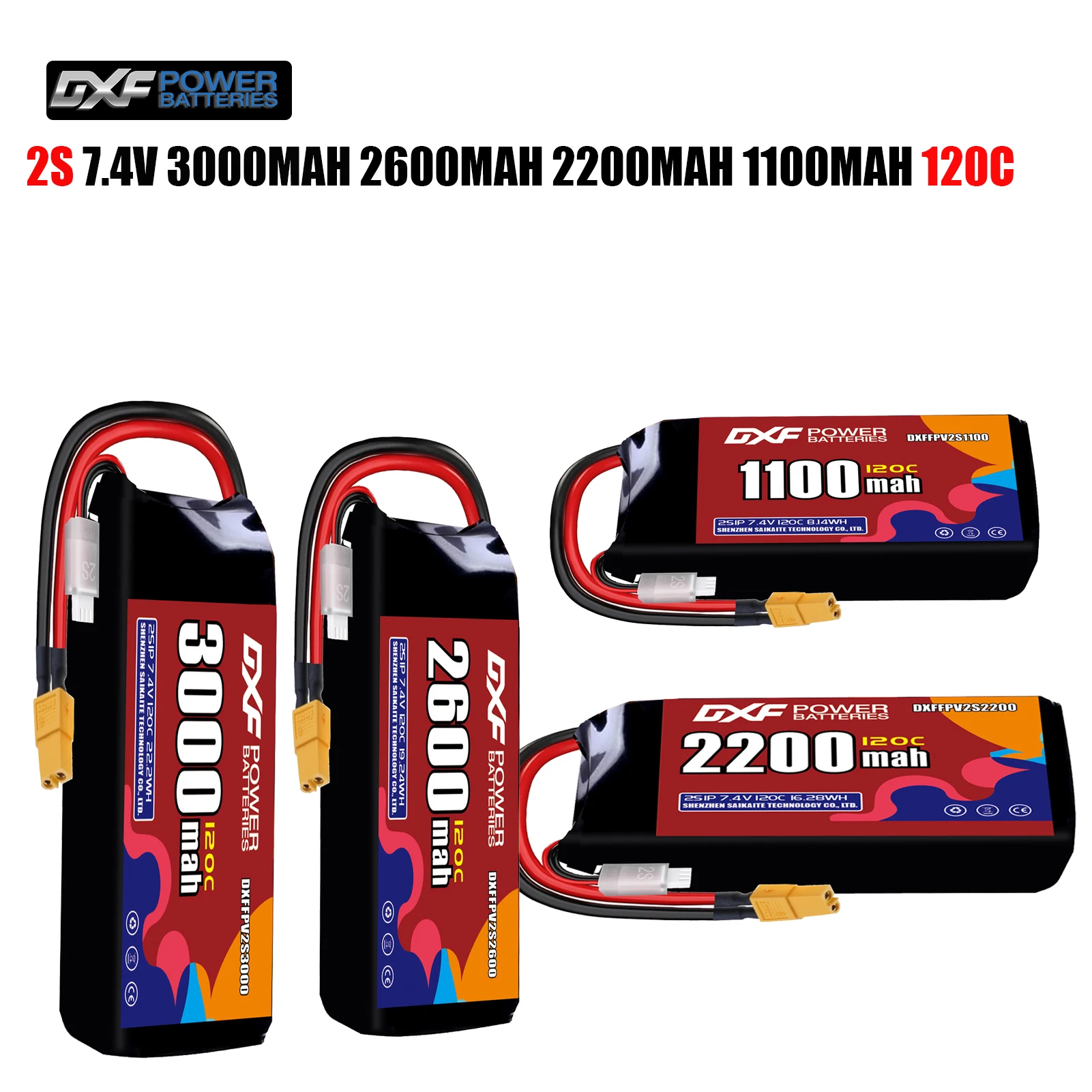 

DXF Lipo 2S Battery 7.4V 2200mAh 3000mAh 2600mAh 1100mAh 120C with XT30 XT60 JST Plug for FPV Helicopter Quadcopter Drone