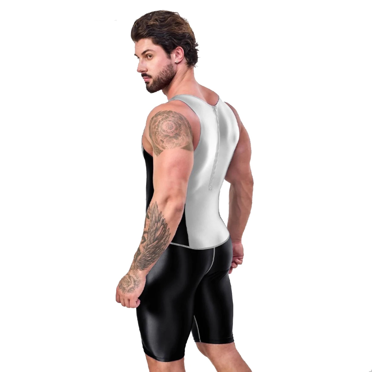 AMORESY Helion Series Men Glitter Shiny Satin Elastic Patchwork Swimwear Vest Tight Bodysuit Cycling Gym Fitness Sport Jumpsuit
