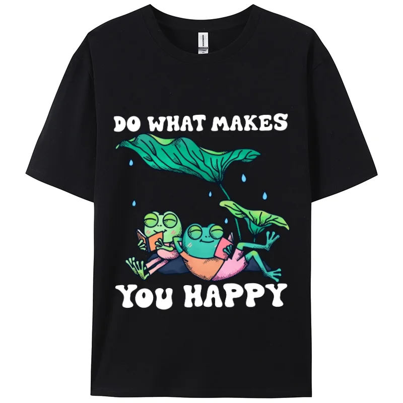 Frog Ruffle Print Women's T-Shirt Black Loose 100% Cotton Short Sleeve Sweet Casual Top Unisex Basic Women Clothing