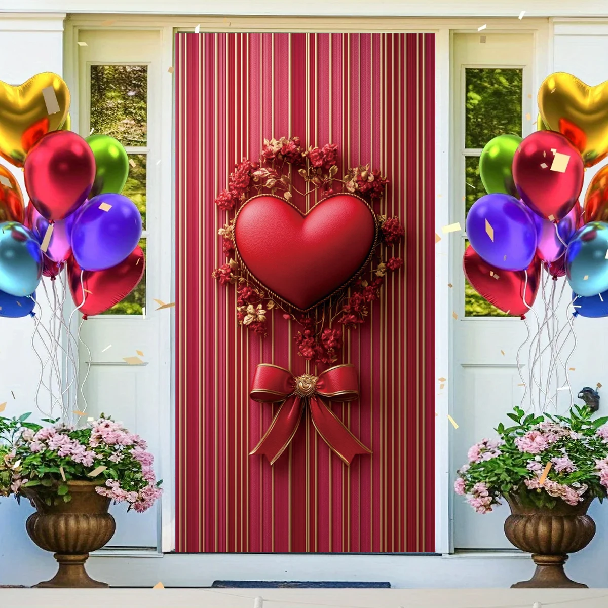 Valentine's Day Heart Door Cover Banner Red Gift Ribbon Valentine's Day Doorway Entryway Background Decoration Flags Banners