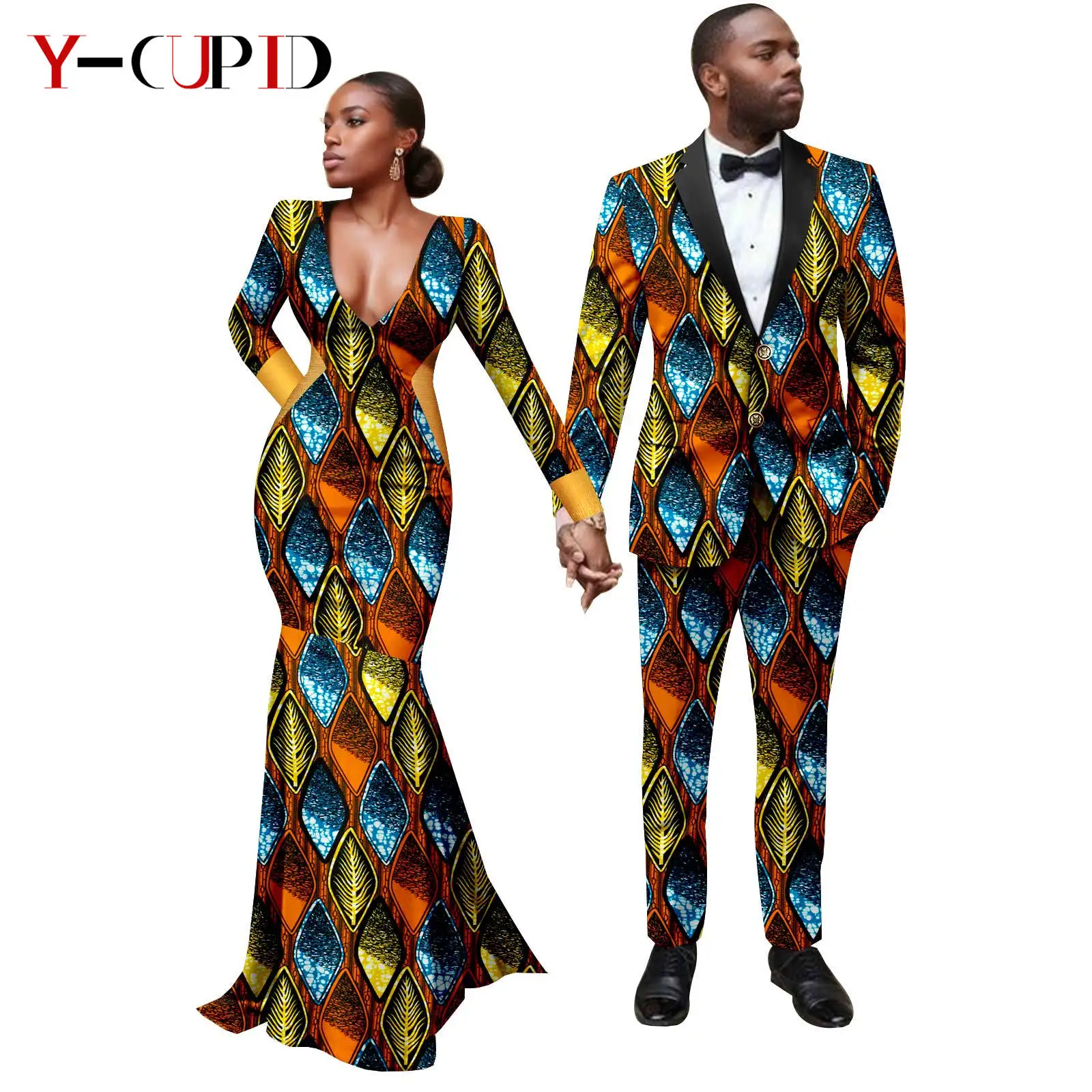 African Print Long Dresses for Women Matching Men Suits Outfits Blazer Jacket and Pant Sets Dashiki Party Couple Clothes 24C084