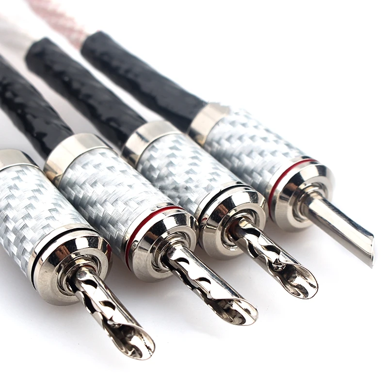 Hi-end 4Pcs Silver Plated Speaker Jumper Cable Micro Space Copper HiFi Audio Line Carbon Fibre Banana To Spade Plug