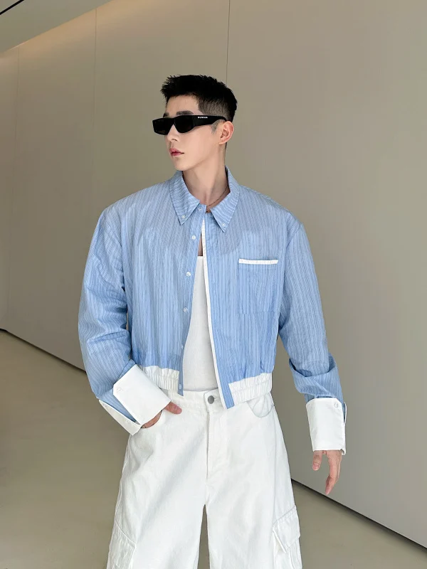 

Nightclub Sle ort Loose Striped Color Blo irt Jaet Men's Faion Versatile Haome Long Sve Button up Top