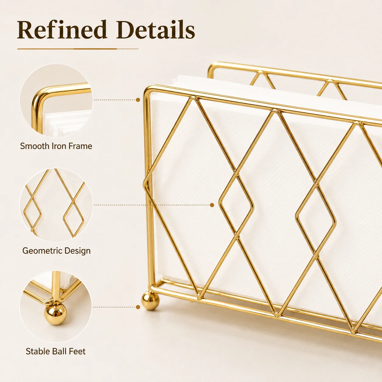 Gold Metal Napkin Holder Iron Desktop Tissue Rack Upright Paper Napkin Stand for Restaurant Cafe Hotel Dining Table Storage