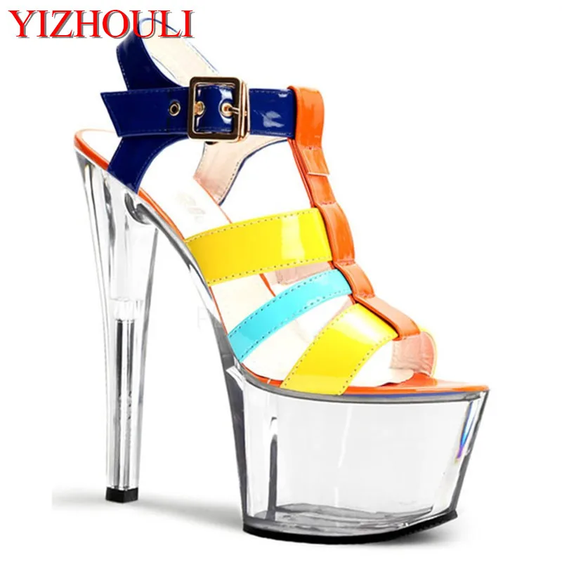 

Sexy color stage sizes and sandals,17 cm, high fashion shoes, transparent waterproof platform dance shoes