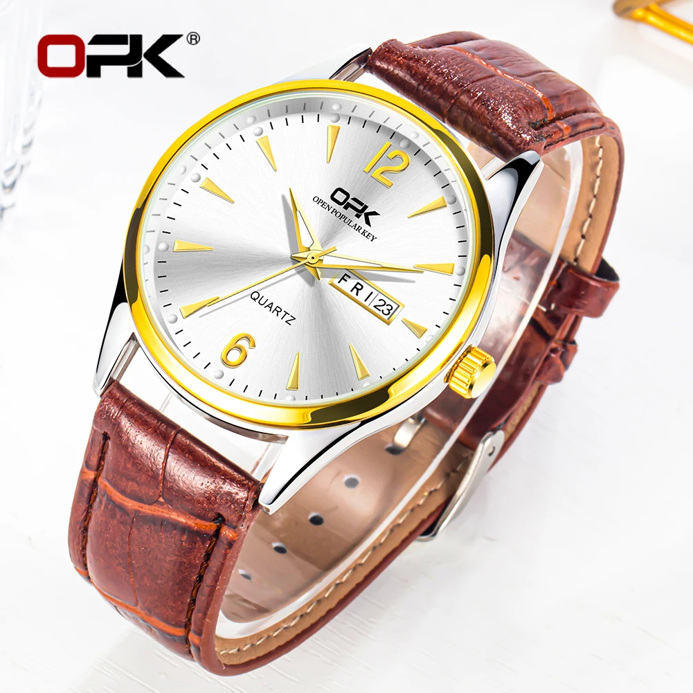 OPK brand luminous waterproof double calendar belt men's quartz watch 8138