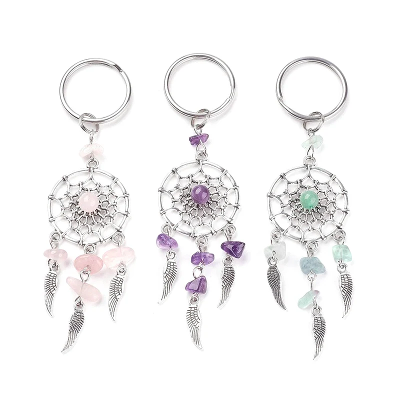 Bohemian Natural Stone Beads Dreamcatcher Keychain Women Men Boho Indians Wing Charms Key Chain On Bag Trinket Party Luck Gift