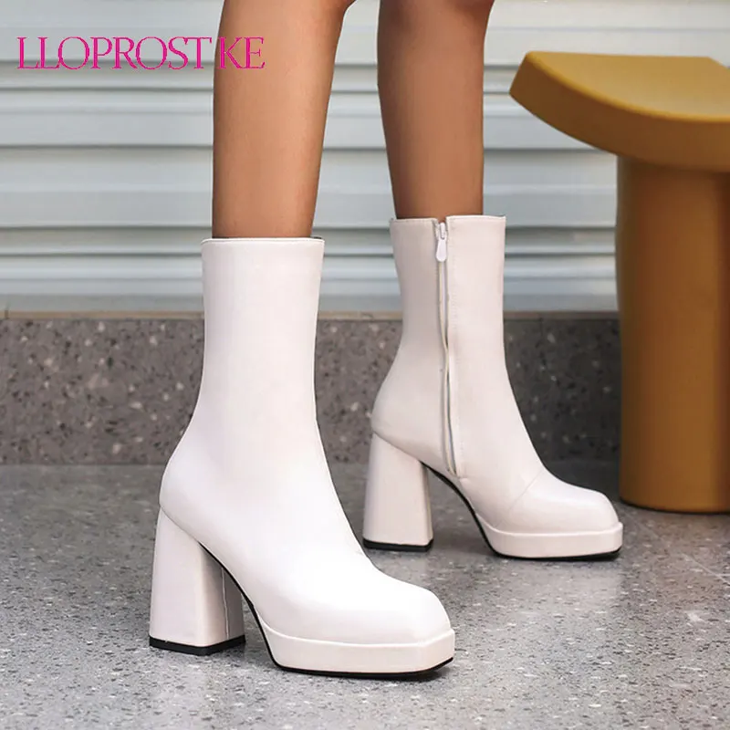 

Lloprost ke Ultra-High Chunky Heel Platform Square Toe Women's Mid-calf Boots Solid Color Simple Style Square Toe Chelsea Boots