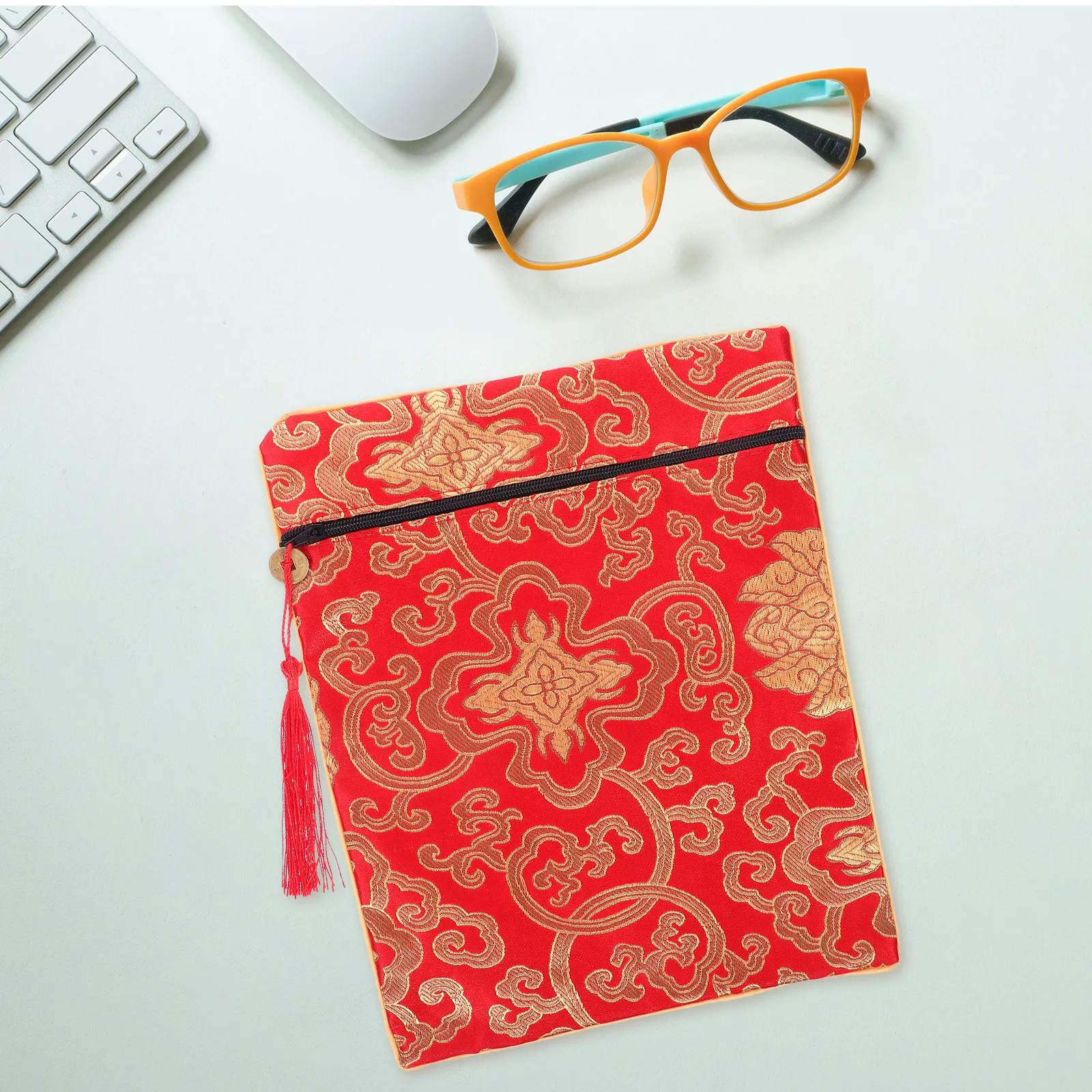 

Dragon Pattern Silk Cloth Scripture Bag Yellow 20x25cm Organizer Pouch Carrying Case Buddhist Scriptures Bible Cover