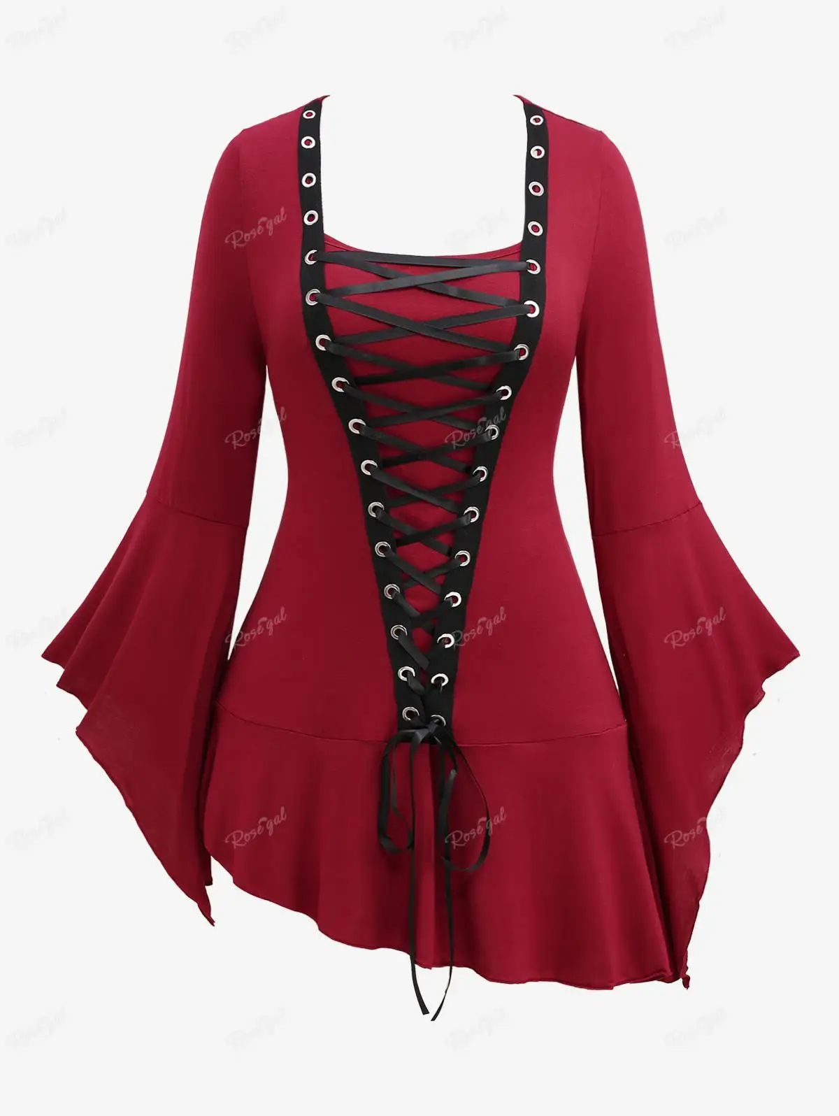 

ROSEGAL Gothic Lace Up Ruffles Asymmetric T-shirt Red Casual Square Neck Flare Sleeves Women Autumn Winter Tee Ruched Tops