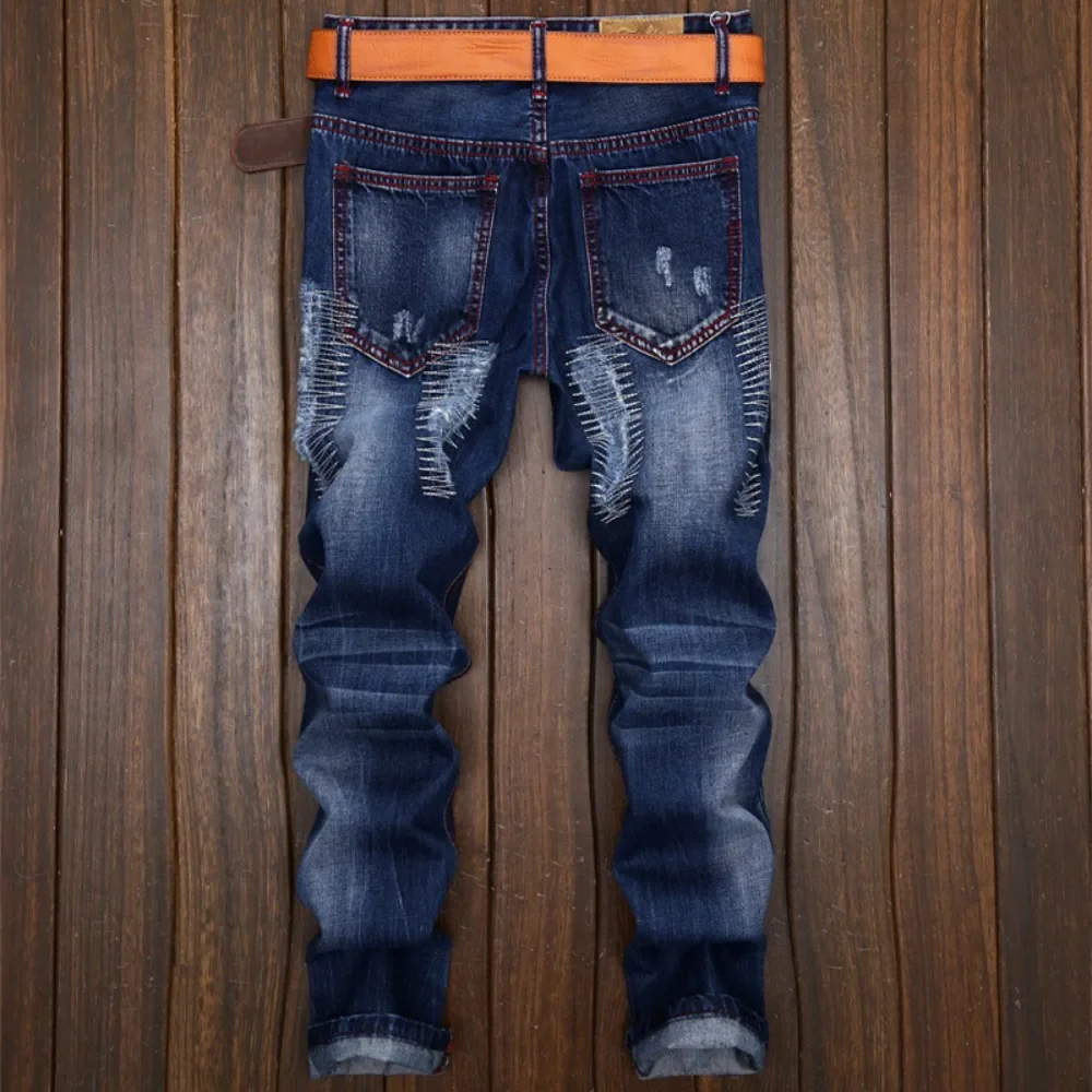 2026 New Men Autumn Jeans Long Denim Pants Slim Fit Straight Trousers High Waist Solid Regular Button Pocket Splice Casual  Pant