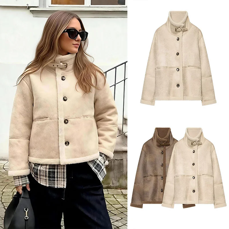 Guobioziy Women's Fur-Lined Stand Collar Coat 2026 Autumn＆Winter New Arrival Solid Color Design European＆American Casual Trend