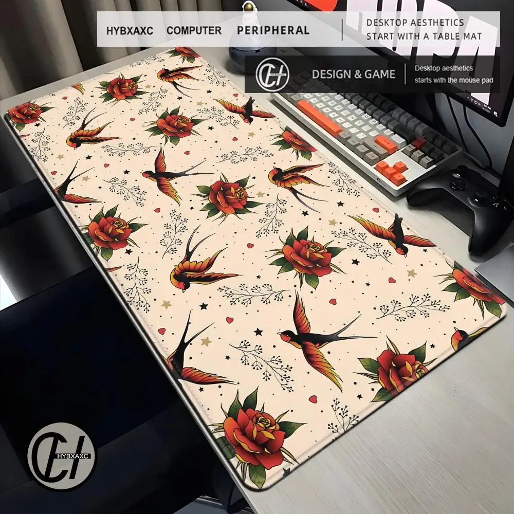 Swallow Birds Gaming Mouse Pad Large Non-Slip Rubber Base Stitched Edge Extended Keyboard Desk Mat for PC Gamer Office Work Home