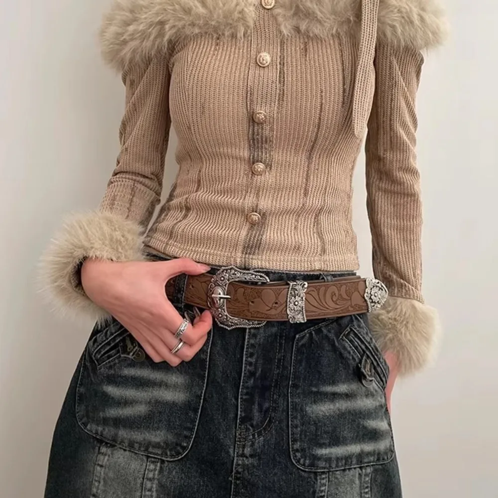 Ikat Pinggang Kulit PU Antik Mewah Y2k dengan Sabuk Gesper Pin Gesper Berukir Logam Sabuk Pinggang Cowgirl Serbaguna