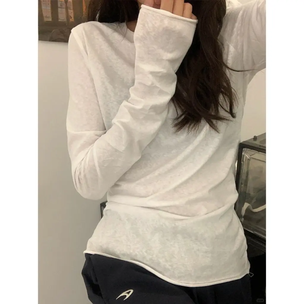 

Women's Thin Slim-fit Long-sleeved T-shirt Sunscreen Blouse Casual Early Autumn Top Simple Curl Base Shirt