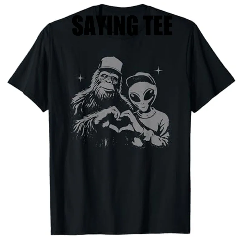 Bigfoot and Alien Sasquatch Love Hand Sign T-Shirt Humor Funny Men's Fashion Designer Tailor-made Graphic Outfit Y2k Saying Tee