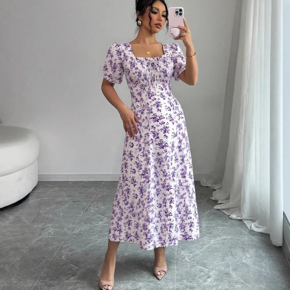 فستان نسائي مطبوع بأكمام منتفخة بقصة ضيقة وياقة مربعة فساتين طويلة مكشكشة أنيقة للسيدات فساتين على شكل حرف A غير رسمية 2025