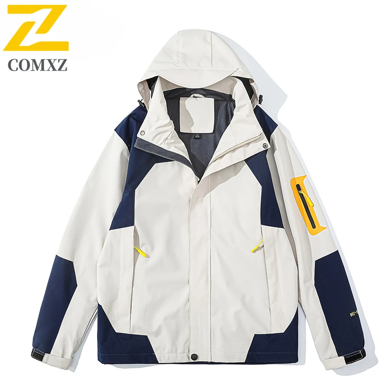 New Men's Jacket Fashion Color Blocked Waterproof Wear Resistant Breathable Hooded Windbreaker Outdoor Adventure Men's Clothing