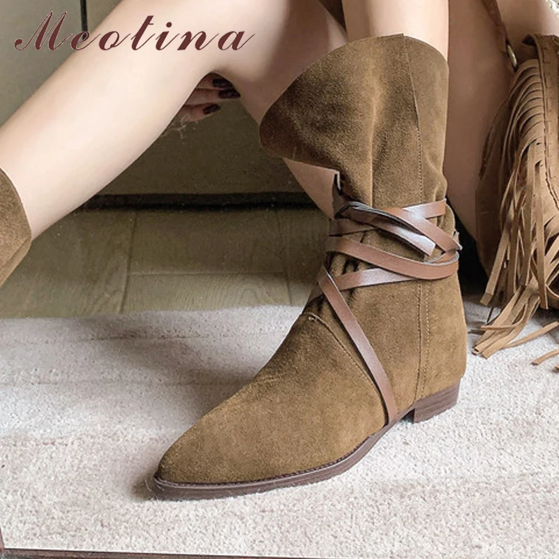 

Meotina Women Genuine Leather Mid Calf Boots Pointed Toe Flats Cross Strap Cow Suede Ladies Fashion Shoes Autumn Winter Black 40