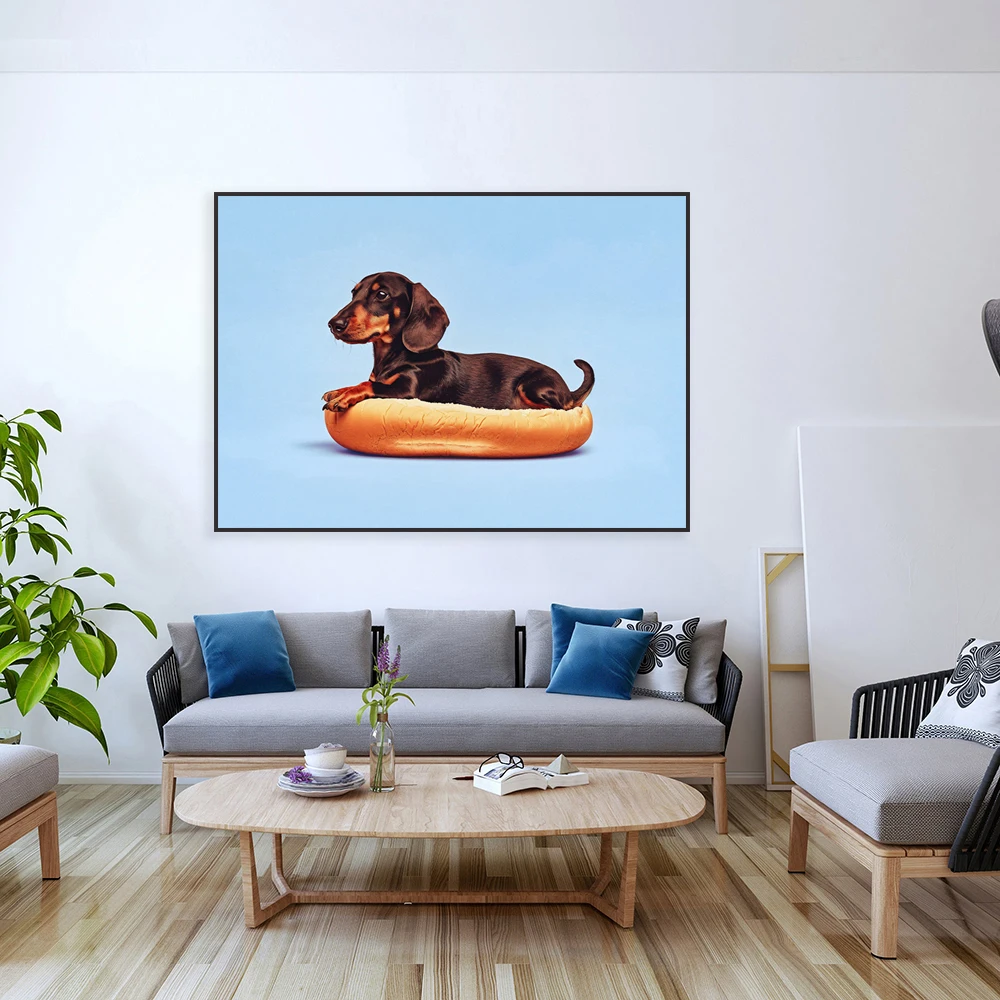 Hot dog dachshund print, funny animal dachshund art, cute dog poster for living room, dining room, kitchen, hallway, kids room