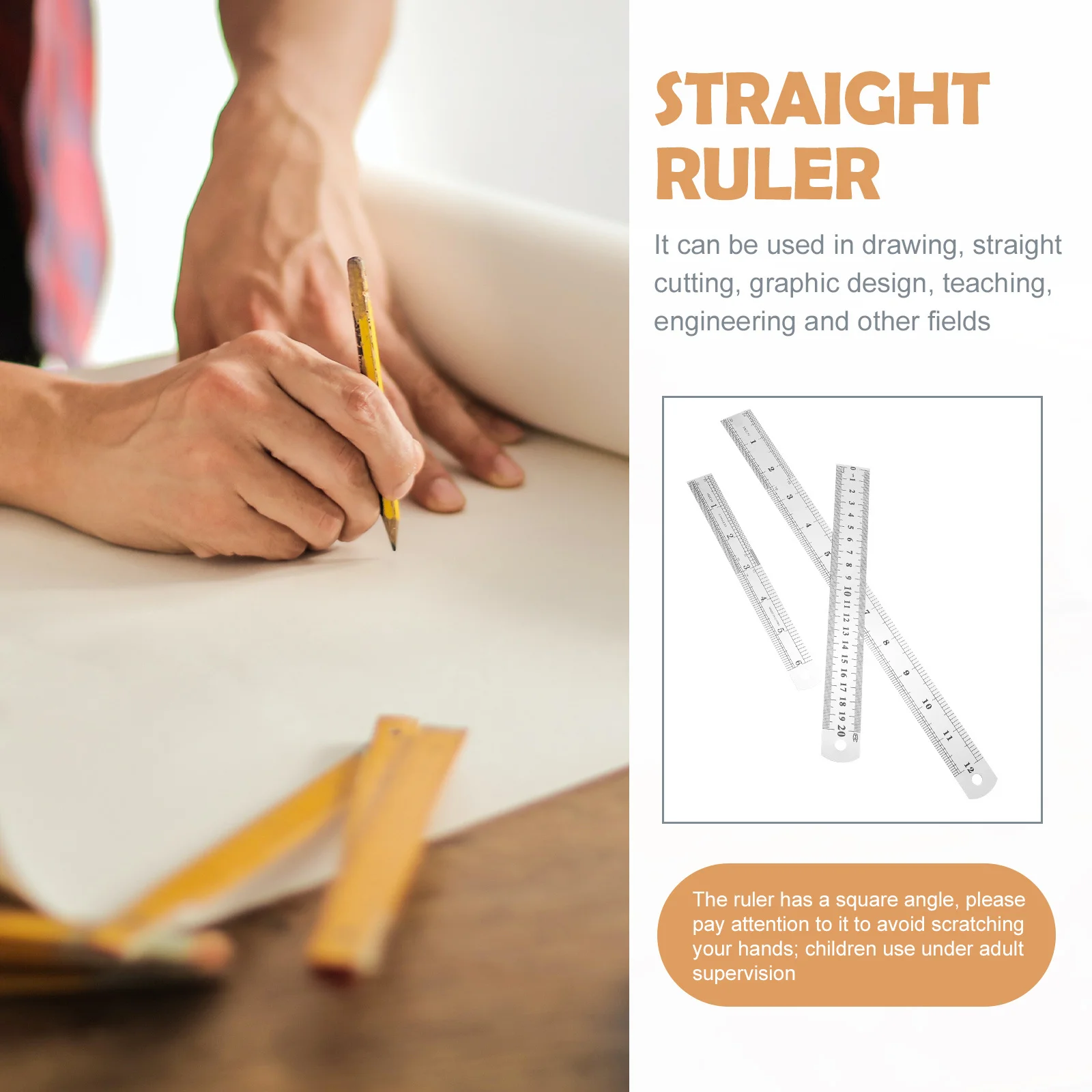 

3pcs Thickened Stainless Steel Ruler Silver Double Sided Scale Measuring Tool For Office Engineering Drawing Carpenter