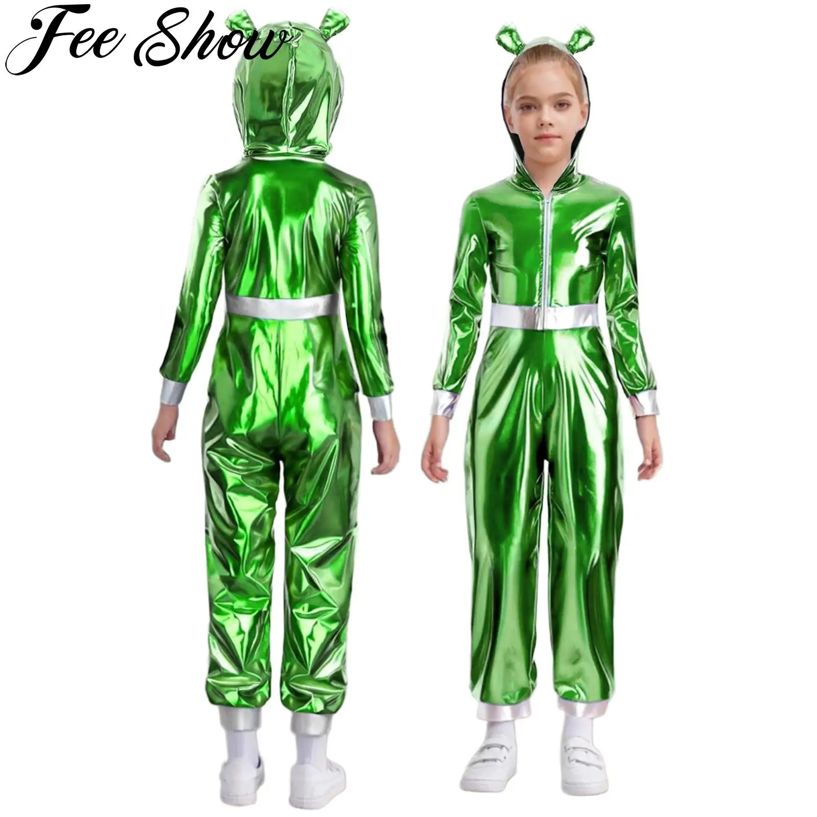 

Костюм для косплея на Хэллоуин для мальчиков и девочек, карнавальный костюм на тему космического пространства, нарядное платье, металлический блестящий комбинезон с капюшоном и длинными рукавами