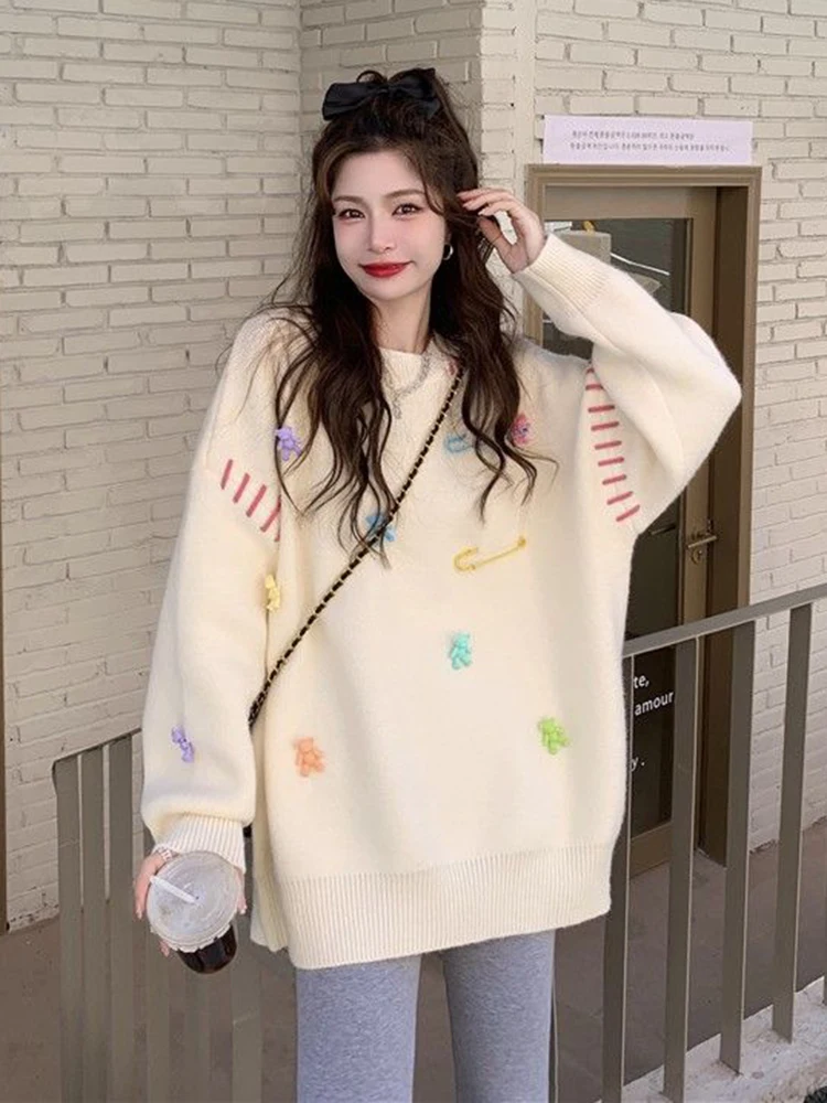 Zoki Cute Bear Women Casual Sweater Sweet Japan Knitted Pullovers Loose Long Sleeve O Neck Female Fall Fashion Elegant Jumper