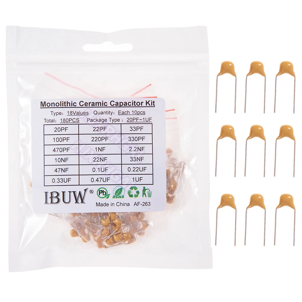 18ValuesX10pcs=180pcs Mono Monolithic Capacitors ,Monolithic Ceramic Capacitor Assortment Kit 20PF-105(1UF) 50V