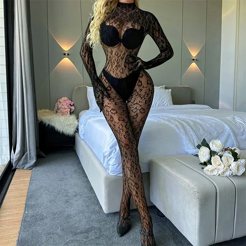 Bodysuit arrastão feminino com malha, meias de corpo inteiro, lingerie sexy, macacão erótico, conjunto sexual, traje pornô feminino, conjunto sexual