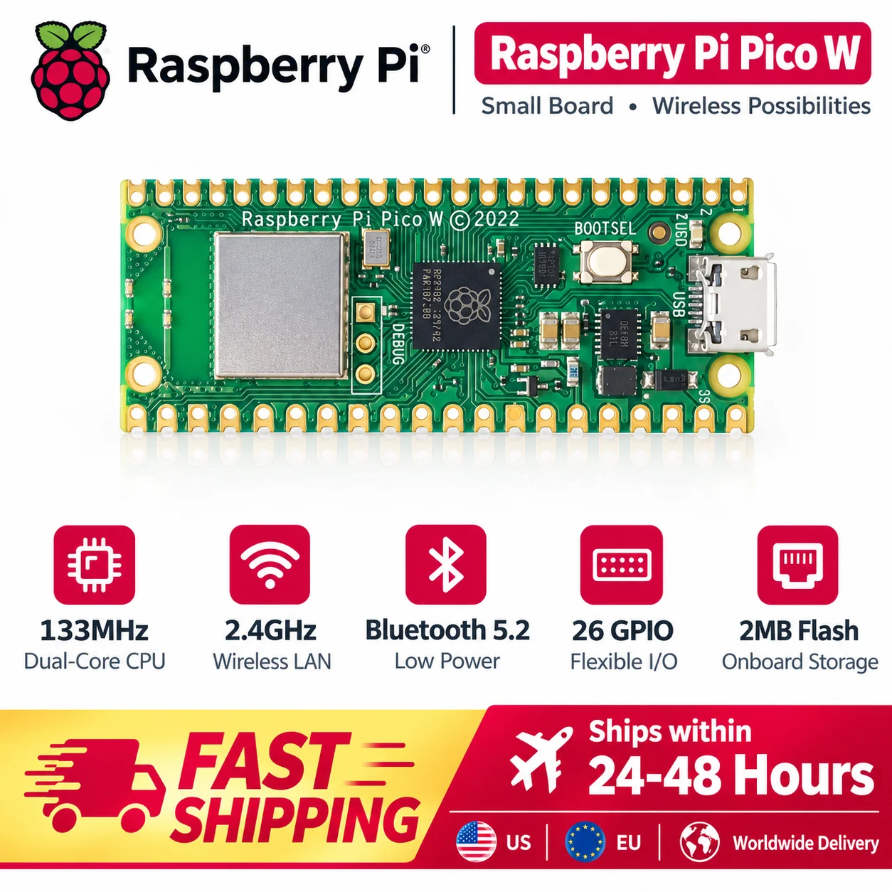 Raspberry Pi Pico W Wireless Board with RP2040 Chip, Pico H Header Version, MicroPython/C++ Support