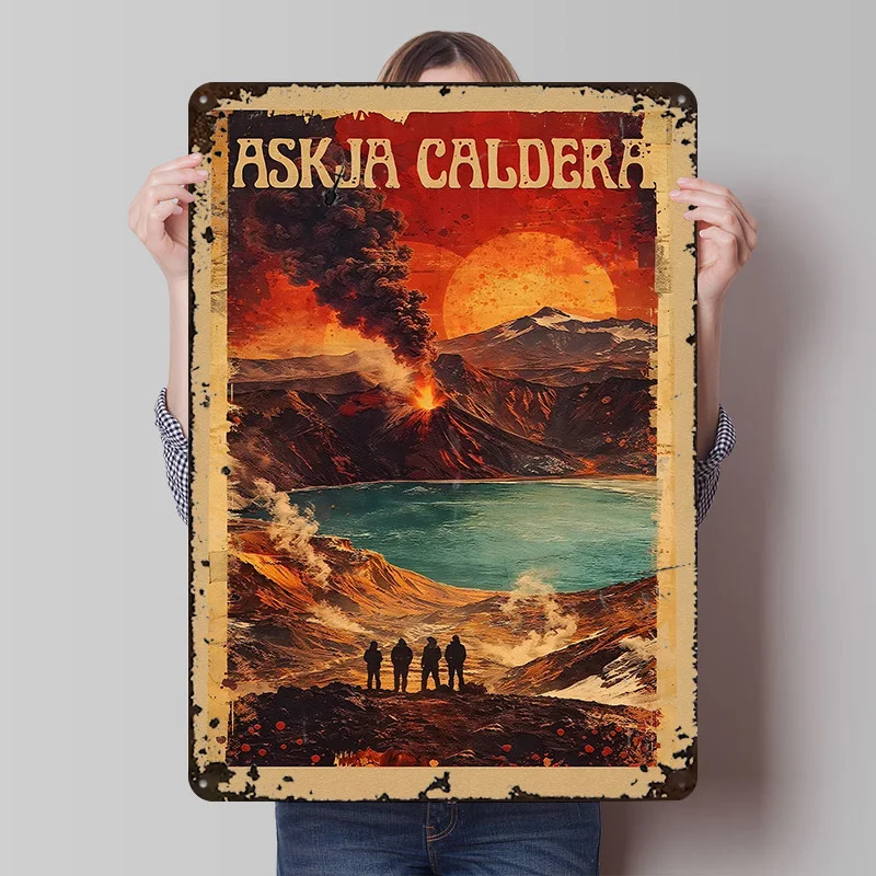 Askja Caldera Vintage Metallposter Individualisierte Wandkunst Retro Vintage Metallschilder zur Dekoration Garagendekoration Männerhöhle