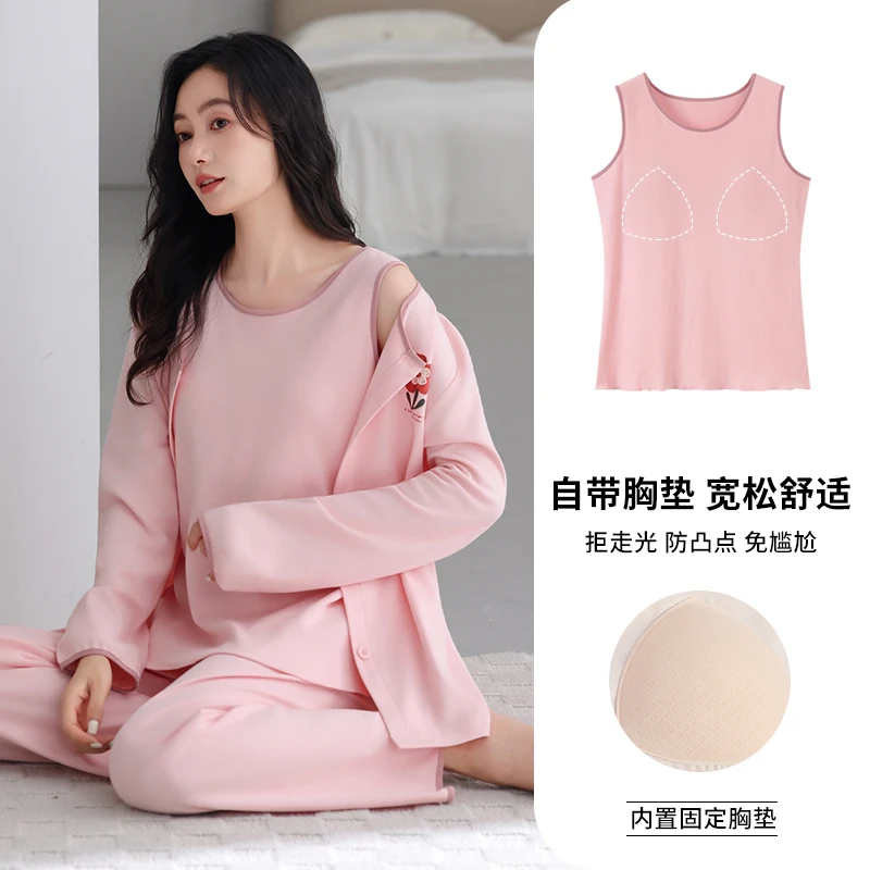 Newest 3 Pieces Set Spring and Autumn Women 100% Cotton Pyjamas Female Long Sleeve Sleepwear With Chest Pad