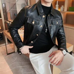 Autumn/Winter slim fit leather jacket for men with single breasted lapel