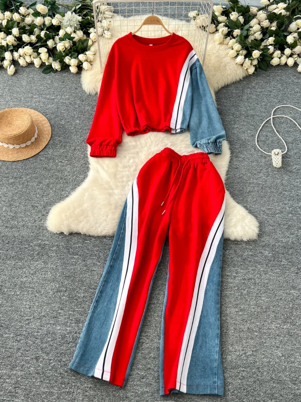 

Fashion Set Retro Casual Shorts Colour Block Sweatshirt + High Waist Denim Splicing Wide Leg Pants Two Piece Set