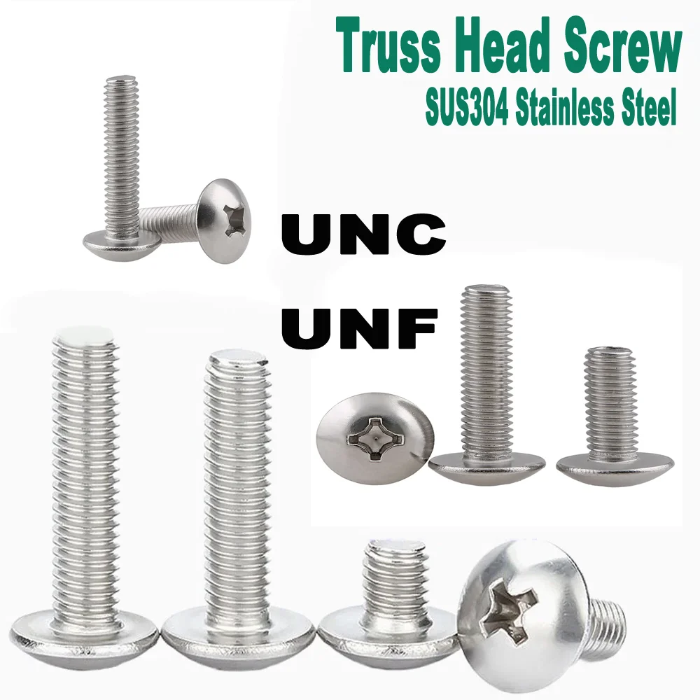 Phillips Truss Head Machine Screws 2#-12# UNC/UNF Thread SUS304 Stainless Steel Large Pan Head Cross Slot Bolts Fasteners