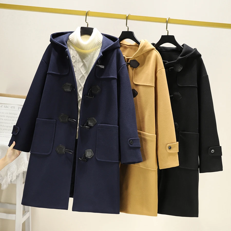 Winter Thiened Woolen Coat Women's Warm Cotton Plaid Mid-Length Hooded Jaet Korean Sle Commute Straight Tube pe