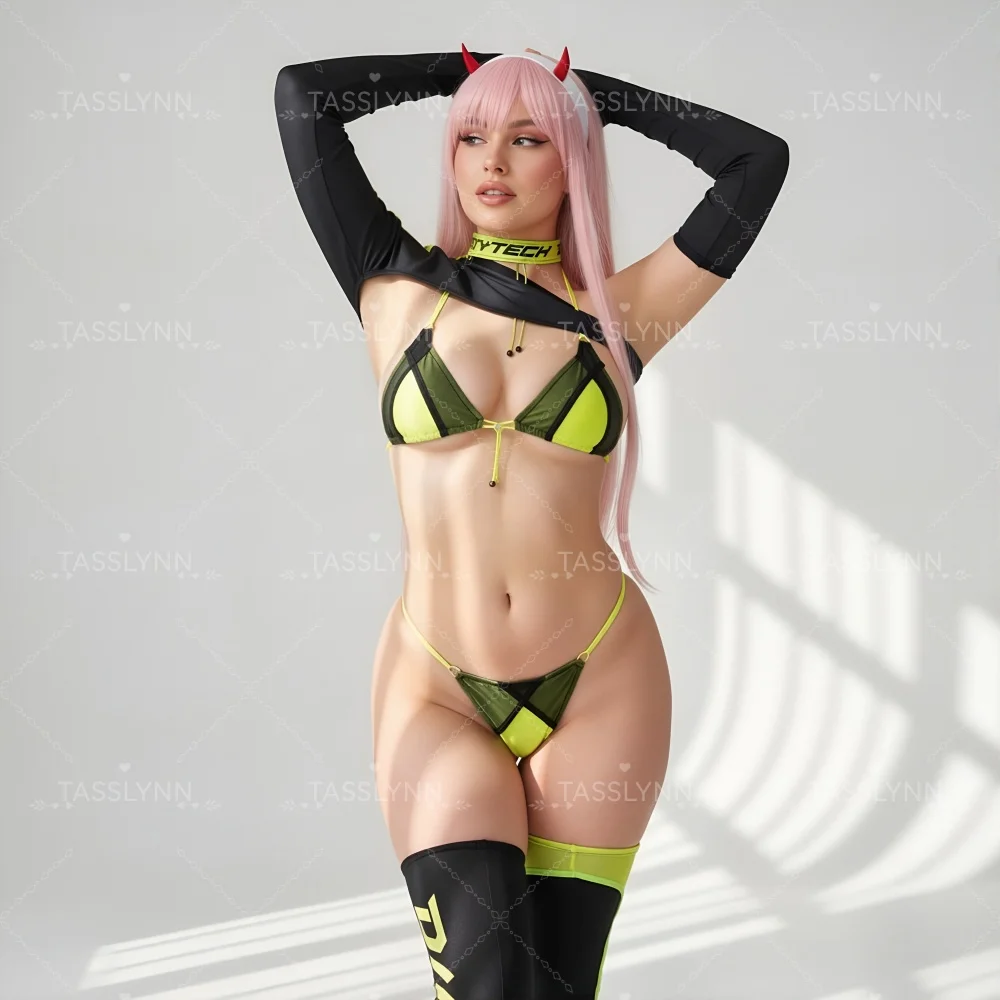 

Zero Two Cyber Tech Bikini Cosplay Set Darling in The Franxx 002 Cosplay Costume Neon Green Lingerie Outfit with Arm Sleeves