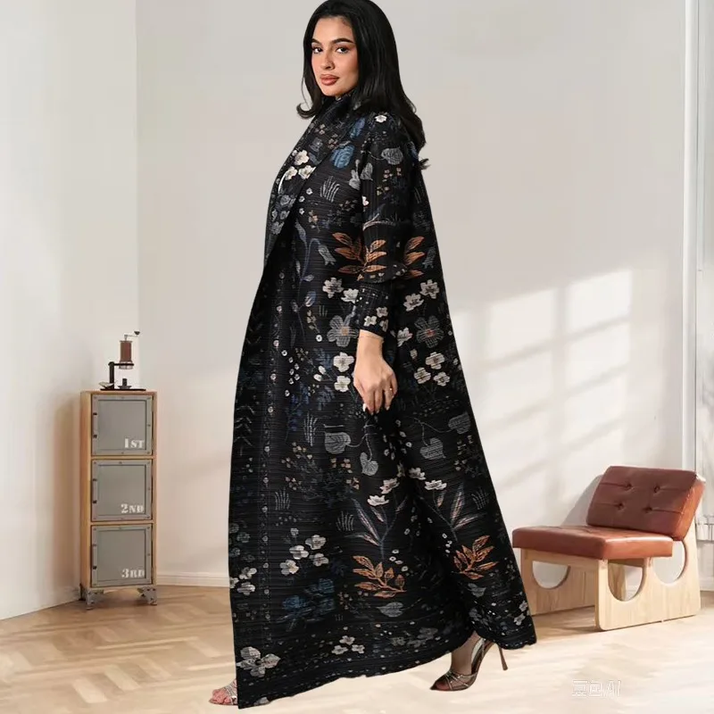 

Abaya Arabian Robe Women's Miyake Pleated Trench Coat Printed Cardigan Long Jacket Arabian Robe Plus Size Abaya Women Clothing