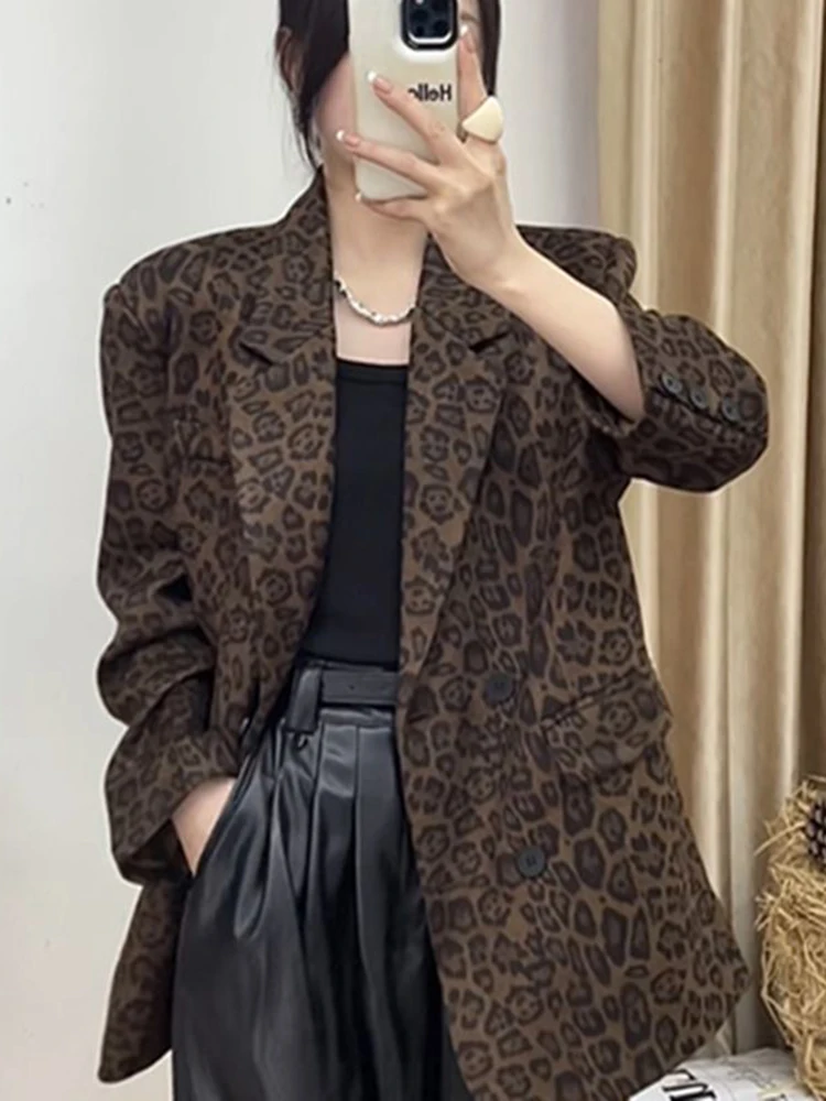 Jmprs Streetwear Vrouwen Luipaard Blazer Vintage Lange Mouw Slanke Y2K Pak Jas Amerikaanse Harajuku Casual Herfst Winter Retro Tops Nieuw