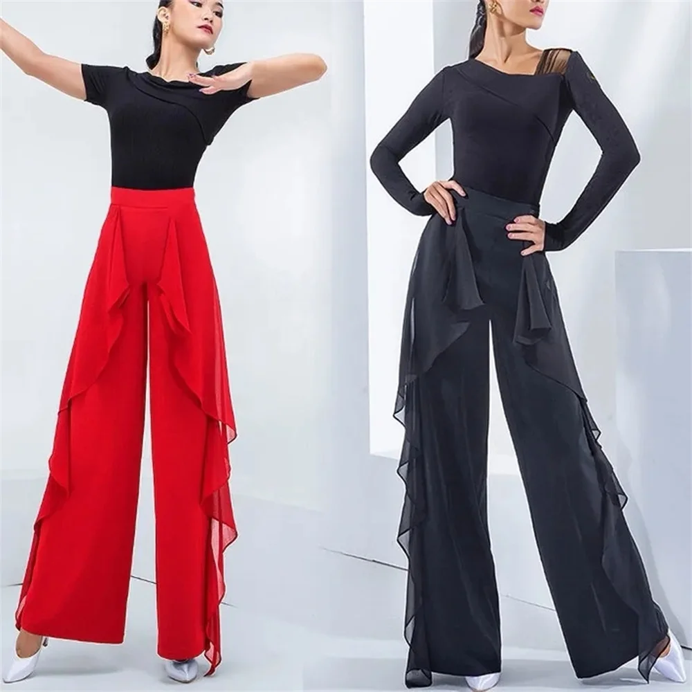 

Women's Pants Four Seasons Wide-leg Pants High Waist Catwalk Latin Dance Body Crobatics Elegant Square Ballroom Dancing Pants