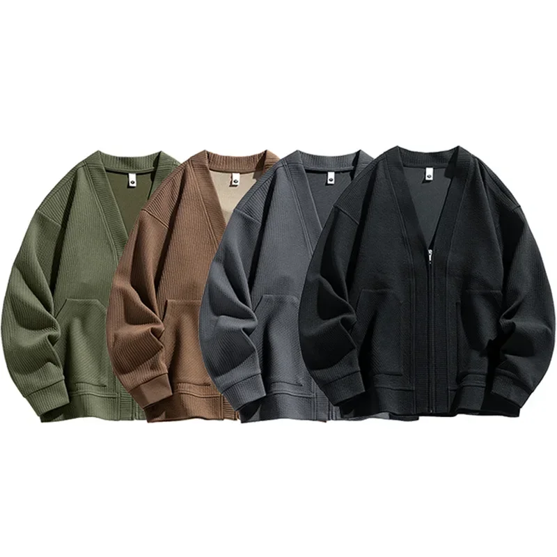 2025 New in Big Size Men's Cardigan Jacket Oversize Loose Sweater Coat Male Zip-up Korean Style Spring Green 6XL 8xl Large Plus