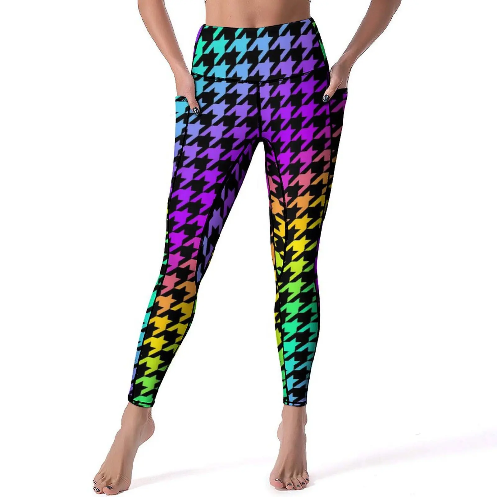 

Houndstooth Plaid Yoga Pants With Pockets Geometric Leggings Sexy Push Up Yoga Sport Legging Stretchy Graphic Workout Leggins